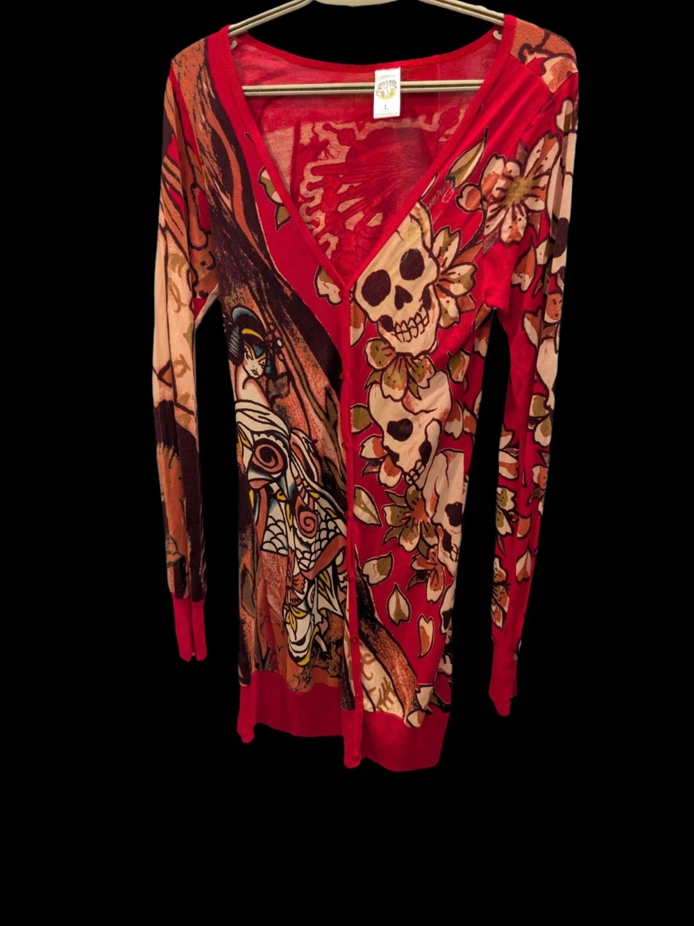 Vintage Y2K Ed Hardy by Christian Audigier Geisha Dragon Skull Mesh Cardigan Top